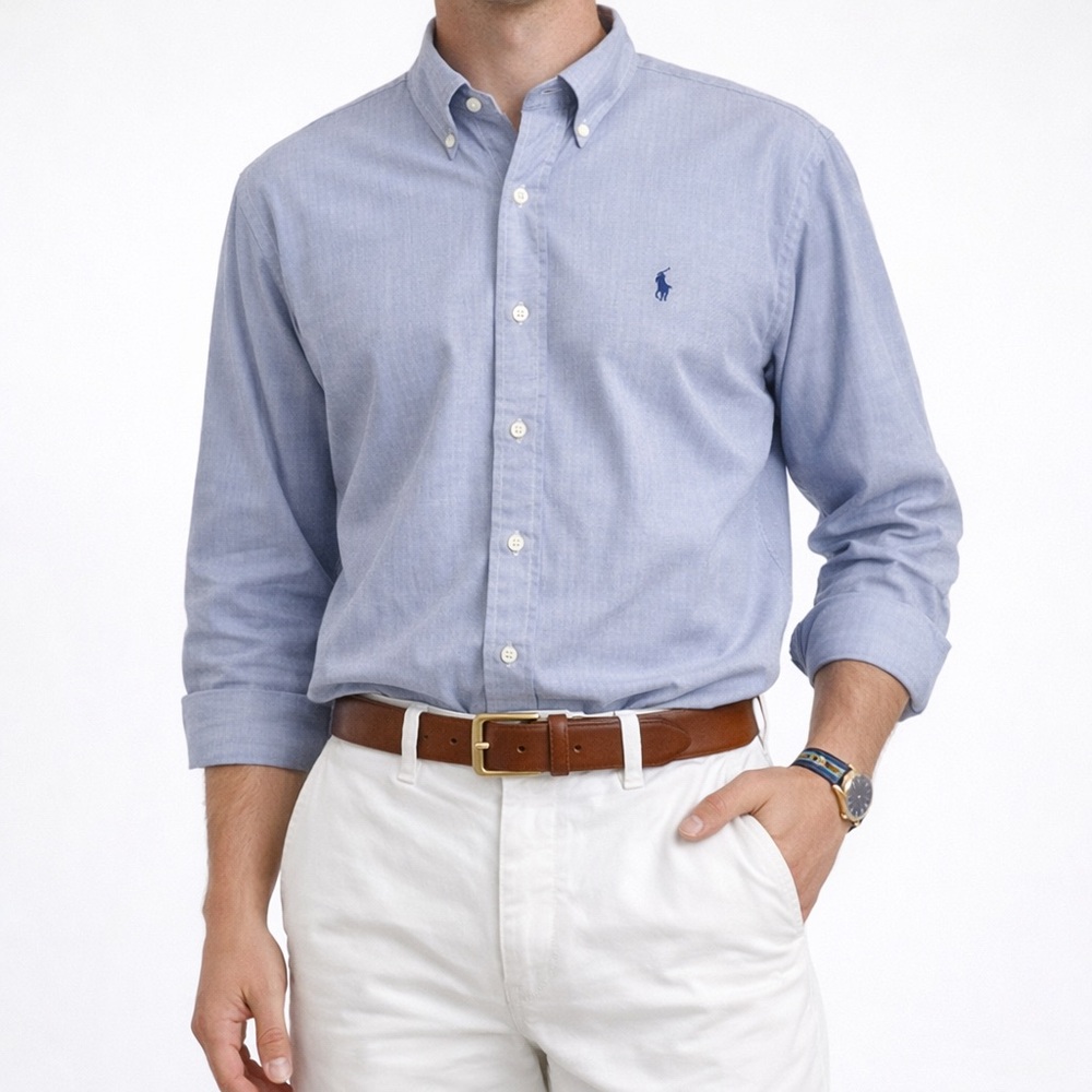 Ralph Lauren Yarmouth Button Down Shirt Blue Herringbone Cotton L - 17 34/35